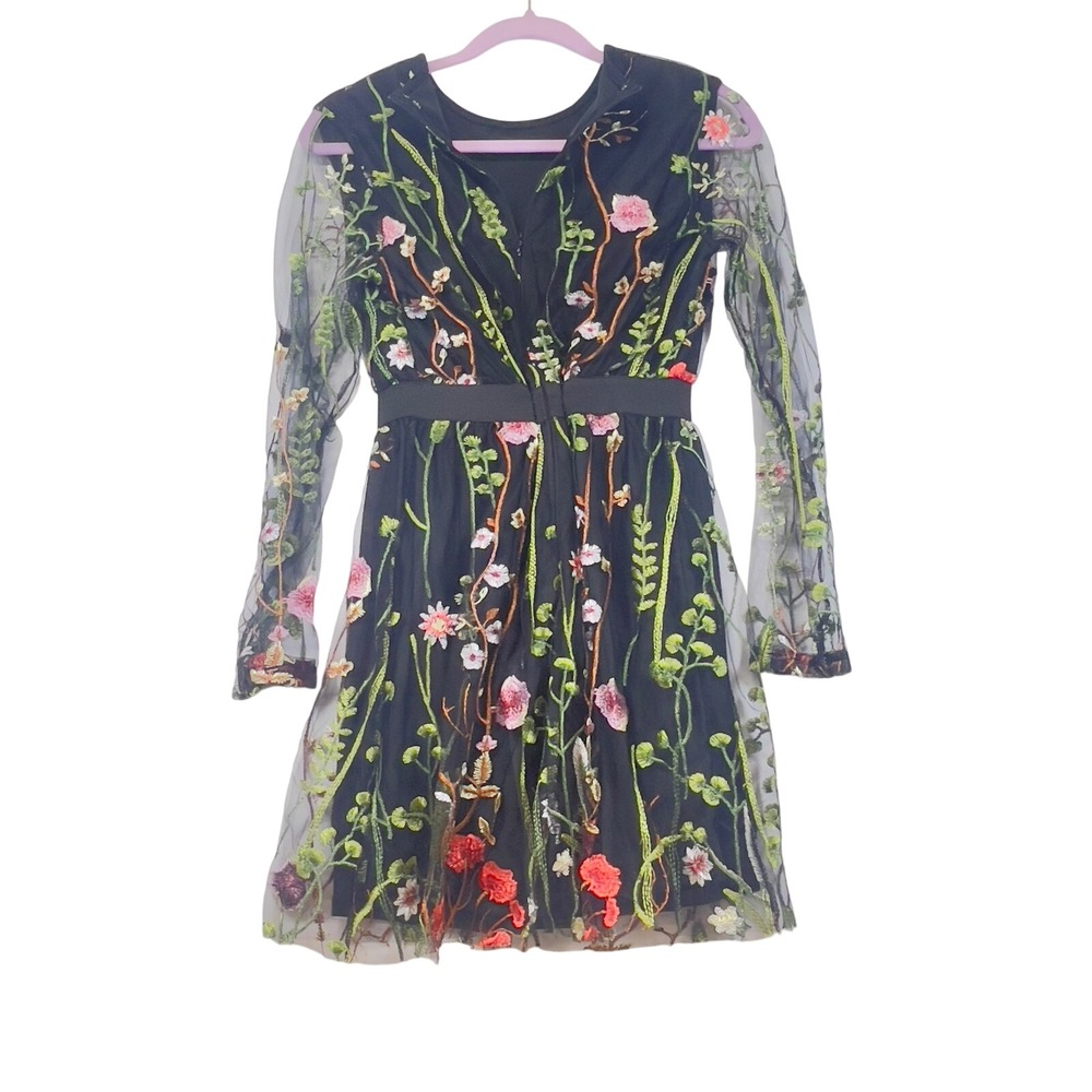 Floral‎ Embroidered Mini Dress Black Sheer Long Sleeve Party Cocktail